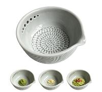 Garlic Grater Bowl - Ceramic Grater Bowl with Herb Stripper, Garlic Grater Plate, 3 in 1 Multi-Functional Kitchen Cooking Grinder Tool for Garlic, Ginger, Herbs, Wasabi, Fruits