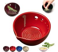 Garlic Grater Plate Herb Bowl, 2 in 1 Herb Stripper Bowl with Grater with 5 Hole Sizes, Ceramic Kitchen Tool for Salads Lemon Zest Cheese (Red)