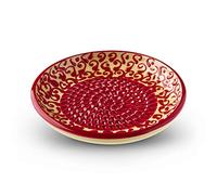 Garlic Grater Plate. (#Ref 13). Handmade and Hand Painted in Cordoba, Spain. Yellow Plate with Red Circle and Rim, Red Moroccan Pattern.