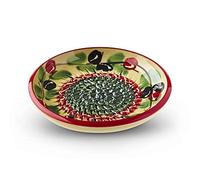 Garlic Grater Plate. (#Ref 14). Handmade and Hand Painted in Cordoba, Spain. Yellow Plate with Green and Red Circles and Red Rim, Olive Pattern.