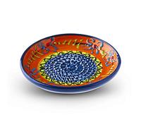 Garlic Grater Plate. (#Ref 22). Handmade and Hand Painted in Cordoba, Spain. Orange Plate with Blue and Yellow Circle with Blue Rim, Oriental Pattern.