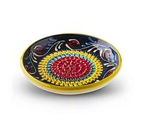 Garlic Grater Plate. (#Ref 9). Handmade and Hand Painted in Cordoba, Spain. Blue Plate with Yellow, Blue and red Circles. Flamingo.