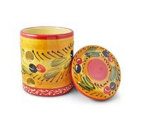 Garlic Keeper. Handmade and Haindpainted in Cordoba, Spain. (Orange Keeper with Red Circle and Red Rim, Olive Pattern. 6)