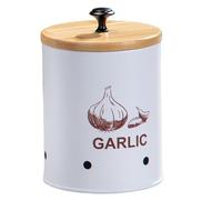 Garlic Keeper, Vented Carbon Steel Garlic Holder with Bamboo Lid, Classic Style Storage Jar for Countertop, Farmhouse Kitchen