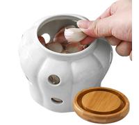 Garlic Pot 4x4in Vented Freshness Ceramic Kitchen Garlic Keeper Large Opening with Lid Countertop Non-Slip Hollow Stylish Garlic Storage for Onions, Ginger (White).