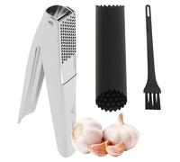 Garlic Press and Peel Set, 3-in-1 Stainless Steel Garlic Press & Slicer with Ergonomic Handle Include Peeler and Brush, Mincer & Crusher, Easily Mince and Crush Garlics, Ginger, Seeds, Dishwasher Safe
