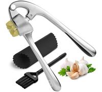 Garlic Press Garlic Mincer Tool, Dishwasher Safe & Rust Proof - Easy-Squeeze, Easy-Clean, Ergonomic Handle - Silicone Garlic Peeler & Brush (Silver)
