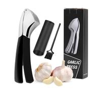 Garlic Press, Heavy Duty Stainless Steel Ginger Crusher with Ergonomic Handle, Easy Squeeze Rocker Garlic Mincer & Crusher with Cleaning Brush, Dishwasher Safe