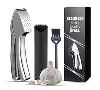 Garlic Press Premium Mincer Crusher Heavy Duty Peeler Super Easy to Use Garlic Crusher with Cleaning Brush Stainless Steel Garlic Crusher Press (Medium)