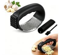 Garlic Press Rocker, 304 Stainless Steel Garlic Crusher with Peeler | Manual Garlic Press, Crusher And Mincer For Garlic & Ginger, With Peeler, Cleaning Brush And ABS Handle For Kitchen Use