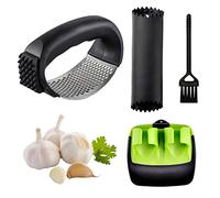 Garlic Press Rocker Stainless Steel Garlic Crusher Kitchen Ginger Garlic Mincer with Silicone Peeler and Cleaning Brush