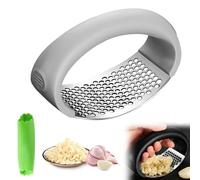 Garlic Press Rocker, Stainless Steel Garlic Mincer and Garlic Crusher, Easy-Squeeze Garlic Tool with Peeler and Cleaning Brush for Smashing Garlic (Grey)