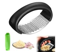 Garlic Press Rocker, Stainless Steel Garlic Mincer and Garlic Crusher, Easy-Squeeze Garlic Tool with Peeler and Cleaning Brush for Smashing Garlic (Black)