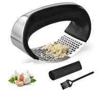Garlic Press Rocker, Stainless Steel Garlic Mincer Tool, Easy-Squeeze Garlic Tool with Peeler and Cleaning Brush for Smashing Garlic