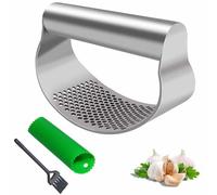 Garlic Press Stainless Steel Garlic Crusher Presser Kitchen Garlic Rocker Food Grade Ginger Grater Chopper Mincer Twister Squeezer Smasher with Silicone Garlic Peeler Tube Roller & Cleaning Brush