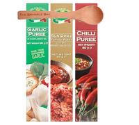Garlic Puree 90g, Tomato Puree 80g, Chilli Puree 80g, Wooden Spoon