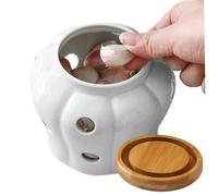 Garlic Storage, Garlic Pot 4x4in Vented Freshness Ceramic Kitchen Keeper Large Opening With Lid Countertop Non-Slip Hollow Stylish Storage for Onions, Ginger (White)