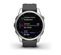 Garmin fenix 7S, smaller sized adventure smartwatch, rugged outdoor watch with GPS, touchscreen, health and wellness features, silver with graphite band, 010-02539-00