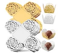 Garneck 100Pcs Dessert Wrapping Cups with Hollow out Rose Flower Design Premium Paper Chocolate Wrapper for Weddings Parties and Special Occasions White Reflective Gold