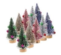 Garneck 12pcs Miniature Christmas Trees with Base Small Artificial Xmas Decorations in Silver Green Gold Blue Pink and Dark Gold Desktop Home Table Decor for Festive Display