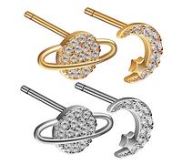 Garneck 2 Pairs Asymmetrical Moon Star Earrings of Unique Cartilage Studs for Women Silver Gold Dainty Jewelry for Various Outfits for Birthdays Anniversaries