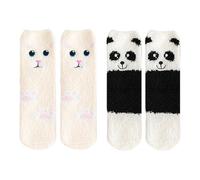 Garneck 2 Pairs Women S Coral Fleece Socks Fluffy Warm Calf Stockings Non-slip Comfortable Floor Socks for Winter Home and Sleep with Cute Embroidery Designs