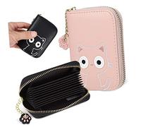 Garneck 2 Pcs PU Leather Cat Pattern Small Zipper Coin Purse Wallet for Women and Card Holder with Multiple Slots Adorable Pink and Black