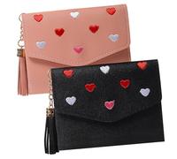 Garneck 2 Pcs PU Leather Embroidery Heart Pattern Compact Wallet for Women Folded Purse with Multiple Card Slots and Coin Compartments Black and Pink Stylish for Daily Use