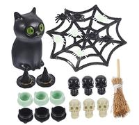 Garneck 25Pcs Halloween Miniature Figurines Mini Resin Skull Head Cauldron Black Cat Witch Hat Broom Craft Decorations for Halloween Dollhouse Table Decorations