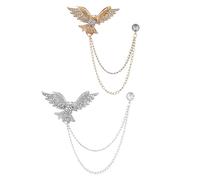 Garneck 2Pcs Eagle Lapel Pins with Chain for Men, Rhinestone Collar Pins Vintage Brooch Set in Gold and Silver, Suit Accessories for Shirt and Jacket