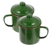 Garneck 2pcs Enamel Camping Cup Mugs with Lid, Retro Design Green Small Cups for Hot Drinks, Practical and Easy to Clean, Suitable for Homes and Outdoor Use