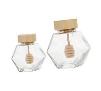 Garneck 2pcs Hexagon Honey Glass Jars Wooden Lid Airtight Sealed Storage Container Jam Pot for Fresh Food Preservation