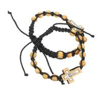 Garneck 2pcs Men’s Adjustable Beaded Bracelet Set with Pine Wood Rosary Beads and Cross Pendant, Catholic Prayer Wristbands for Casual and Religious Wear