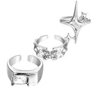 Garneck 3 Pieces Open Silver Rings with Radiant Diamond Accent, Hollow Design Statement Finger Rings for Women, Creative Minimalist Adjustable Coquette Jewelry Set