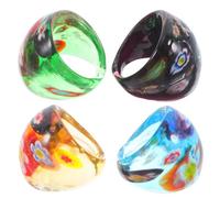 Garneck 4 pcs Colored Glass Rings for Women Decorative Festival Finger Jewelry Durable Stylish Design for Parties Daily Wear Random Patterns Yellow Green Blue Black