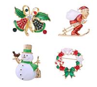 Garneck 4pcs Christmas Alloy Brooch Set - Women’s Elegant Breastpins with Double Bells, Sweeping Snowman, White Dove Wreath and Santa Claus - Festive Clothes Corsage Pins for Holiday Party