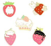 Garneck 5pcs Strawberry Brooch with Cartoon Cat Pattern Enamel Pins for Women Clothes Bags Hats Decoration Cute Lapel Pins for Daily Wear and Accessories