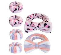 Garneck 6Pcs Women’S Plush Makeup Headband and Wristband Set, Leopard Print Pink Blue Red Striped, Soft Face Wash Headbands for Skincare and Spa Use