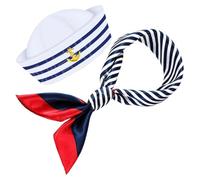 Garneck Blue White Striped Captain Hat and Scarf Set for Women Head Circumference Nautical Sailor Costume Accessory for Halloween and Sea Captain Outfit