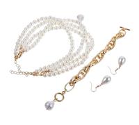 Garneck Bridal Pearl Jewelry for Women Gold-tone Necklace Double-clasp Bracelet Pearl Pendant Earrings Classic Wedding Accessories for Proms Parties Photo Shoots Elegant Alloy