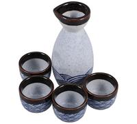 Garneck Ceramic Sake Cup Set, Glazed Serving Set Japanese Style | Sea Ripple Finish, 180ml Pot and 35ml Cups, Safe in Hot Water, for Home Dining