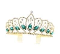 Garneck Crystal Rhinestone Crown Hair Accessory for Bride, Gold-Green Large Glass Tiara with Glitter, Wedding and Party Headpiece for Women and Girls