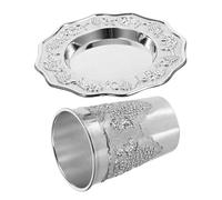 Garneck Engraved Wine Cup and Tray Set for Shabbat Passover Judaica Sturdy Zinc Alloy Kiddush Goblet with Saucer Ceremonial Holiday Drinkware for Jewish Religious Traditions