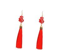 Garneck Fuji Ear Decoration in Chinese Style The Character Fortune Featuring Long Tassel Design for Bride and Women Made of Red Material Drop Earrings for Special Occasions
