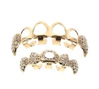 Garneck Gold Vampire Fang Teeth Grill Rhinestone Copper Tooth Jewelry for Halloween Costumes Themed Parties and Cosplay Events