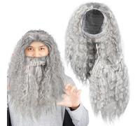 Garneck Halloween Cosplay Wizard Wig Beard Set Grey Decorative Long Hair Costume Accessory for Party and Costume Use