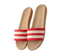 Garneck Lightweight Non-skid Summer Indoor Slippers for Couples Breathable Flat Sole Cotton-linen Slip- Home Footwear for Men and Women Red