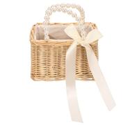 Garneck Pearl Handbag Straw Handbag Straw Top Handle Bag for Women Khaki with Drawstring Closure, Portable Vacation Shopping Tote Bag