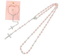 Garneck Pink Pearl Rosary Necklace with Cross Pendant for Women Roman Catholic Prayer Beads with Fabric Storage Bag Durable and Fashionable Religious Jewelry Accessory