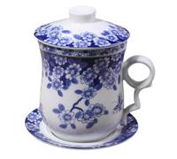 Garneck Porcelain Teacup Set with Infuser and Lid, Blue and White Ceramic Tea Cups for Household Use, Vintage Chinese Style Tea Set with Saucer, Four-piece Ceramic Teaware for Brewing